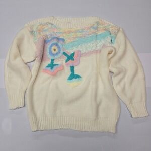 Basket of Yarn Womens Cream Floral Applique Knit Sweater Size‎ M